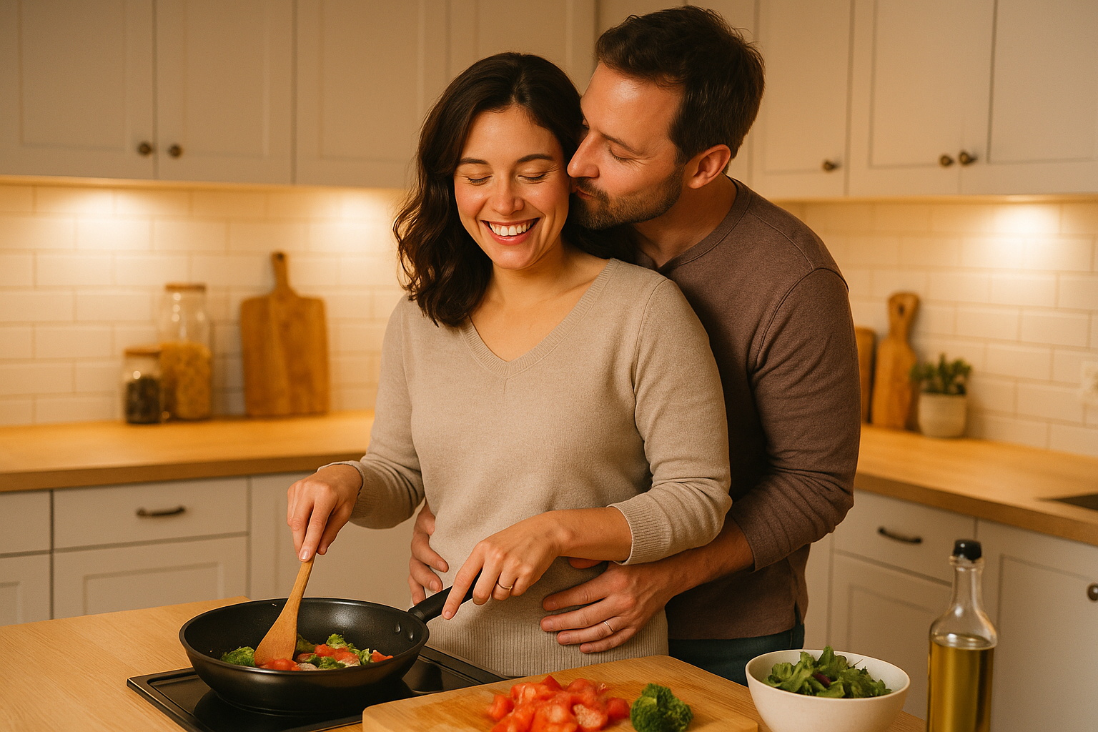 show a happy wife cooking her husband and him kissing her neck